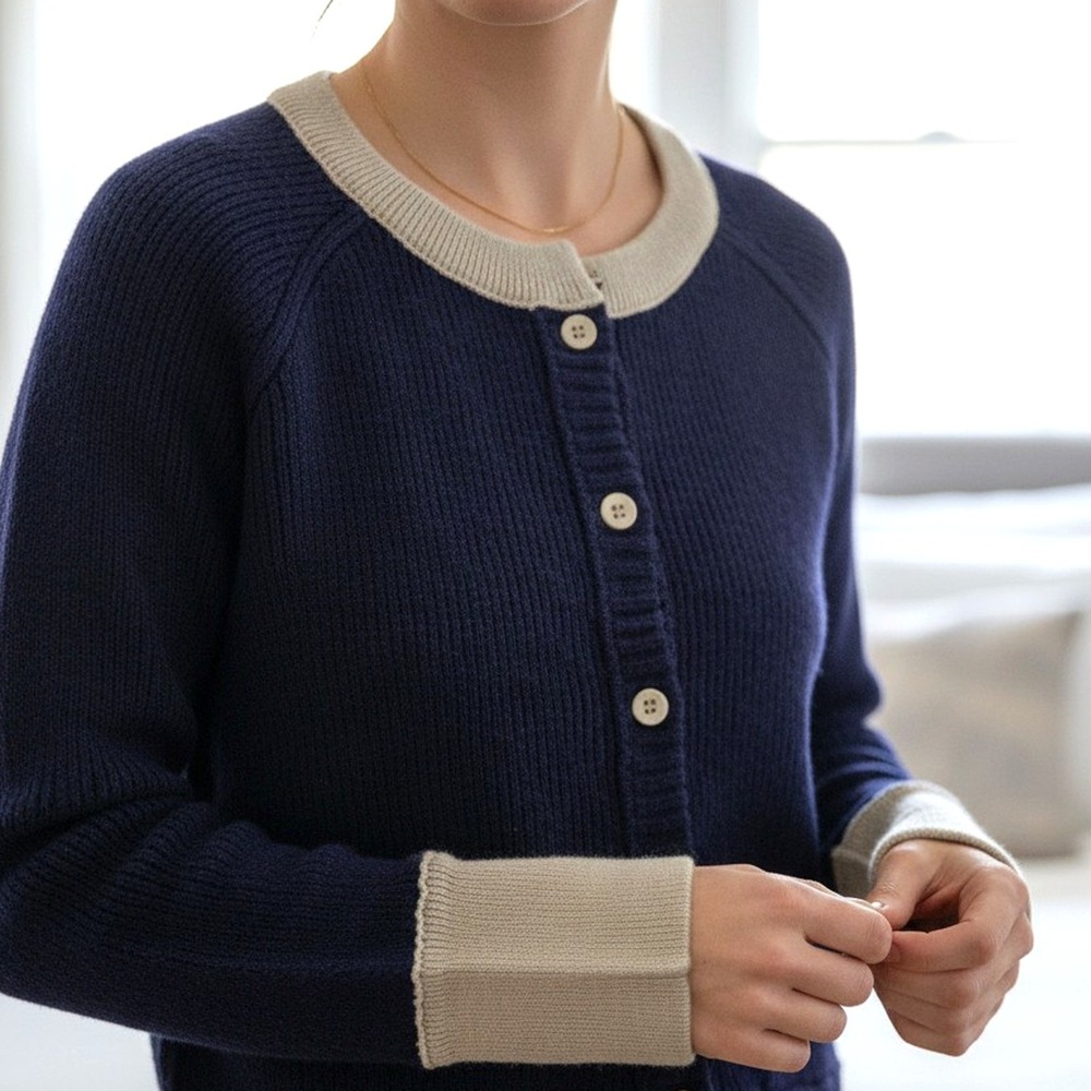 By Together NWT Cropped Ribbed Cardigan Womens S Navy Cream Contrast Trim